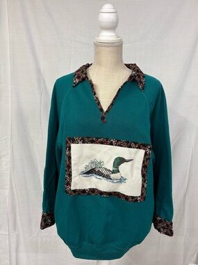 Vintage Unique Handmade Loon Bird Blue Green Plant Pattern Lined Sweatshirt
